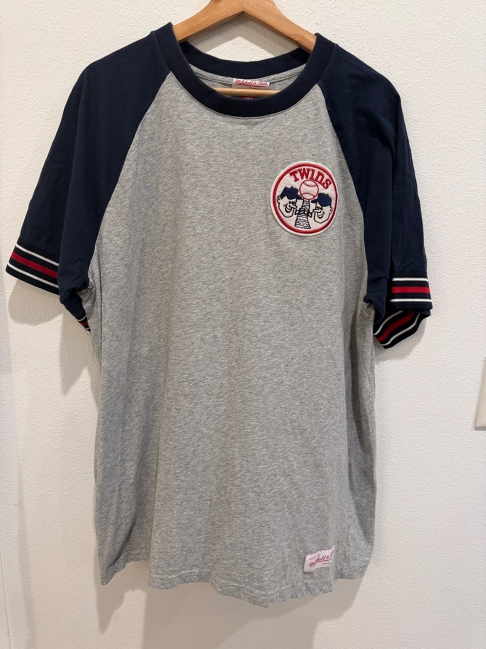 Mitchell & Ness Twins Gray Raglan Tee with Navy Sleeves and Red Trim